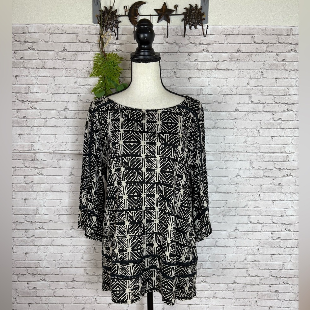 Lucky Brand Plus Black Batik Print 3/4 Sleeve Boho Festival Tee
